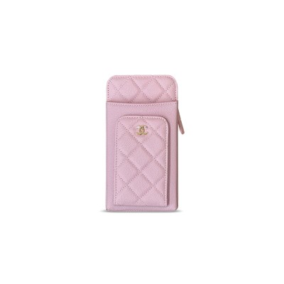 CHANEL CAVIAR QUILTED CC PHONE HOLDER LIGHT PINK (18*10*3cm)
